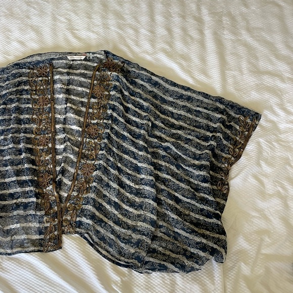 Soft Surroundings Sheer Navy Stripe Gold Beaded sequin cardigan top - Picture 2 of 8